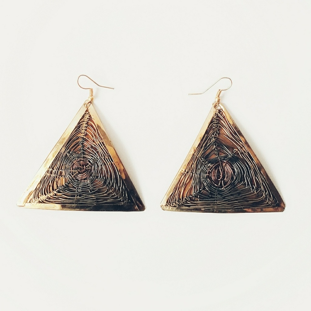 Tri-Colored Wire Embellished Triangle Earrings